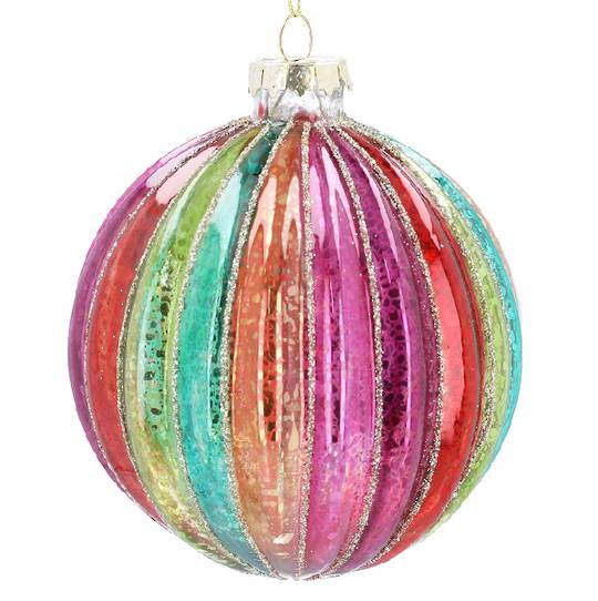 INDENT - Pack 12, Glass Ball Large Antique, Rainbow Ribs 10cm